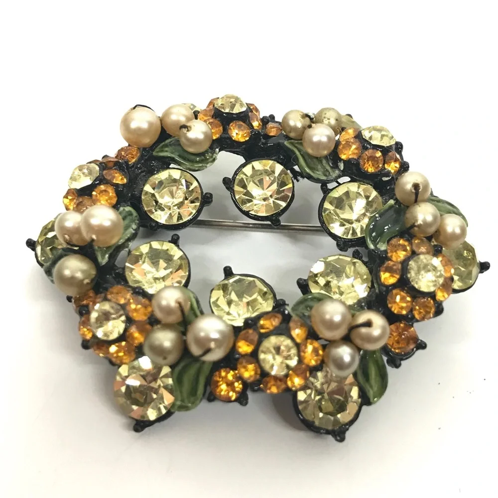 Vintage Rhinestone Brooch Flower Leaf Faux Pearl